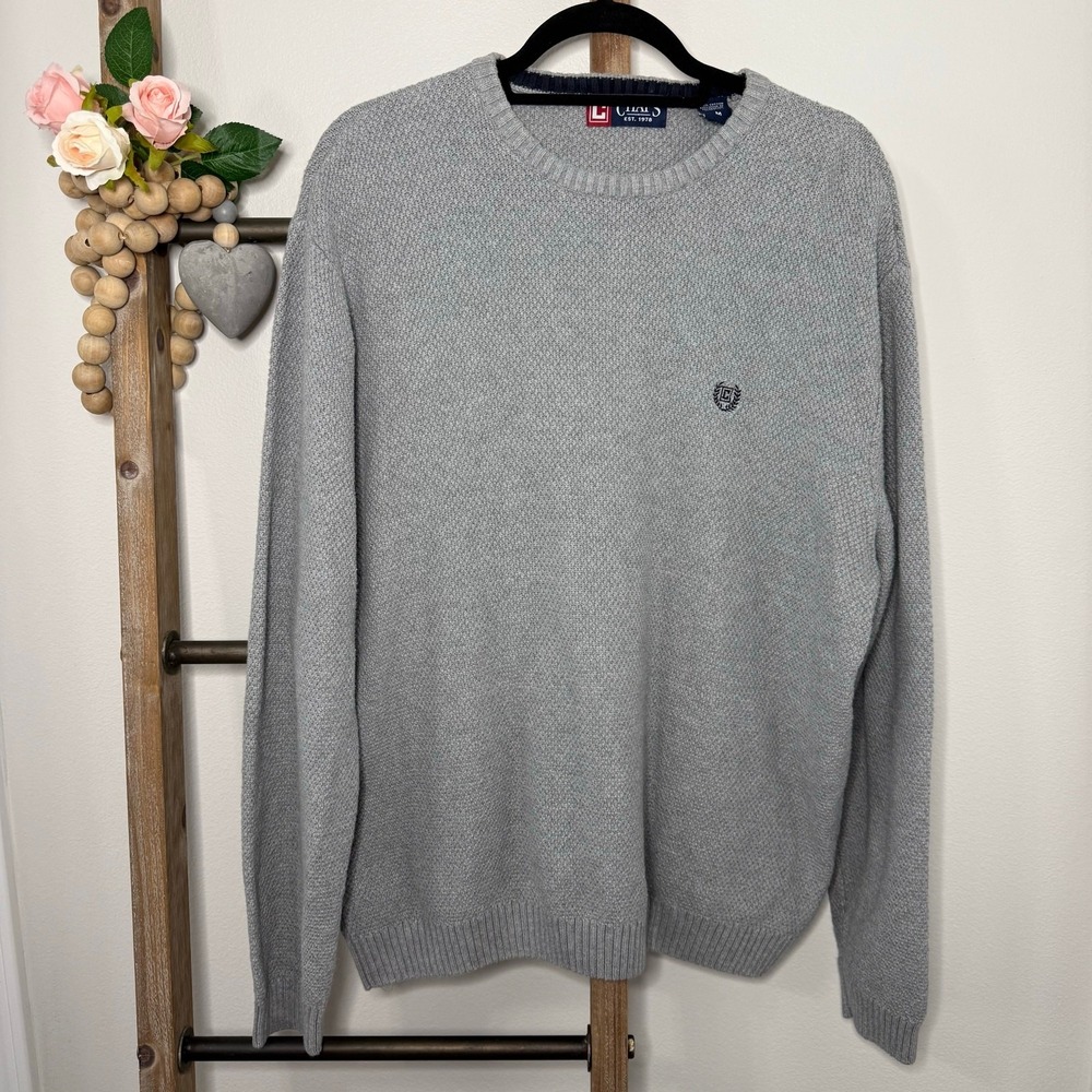 Chaps Mens Light Gray Textured Knit Crewneck Sweater Pullover Logo Medium